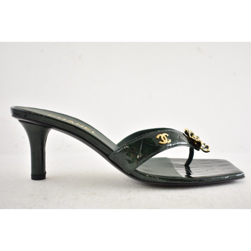 Chanel 26A Green Crocodile Croc CC Flower Backless Mule Heel Thong Sandal 39 - Picture 2 of 16
